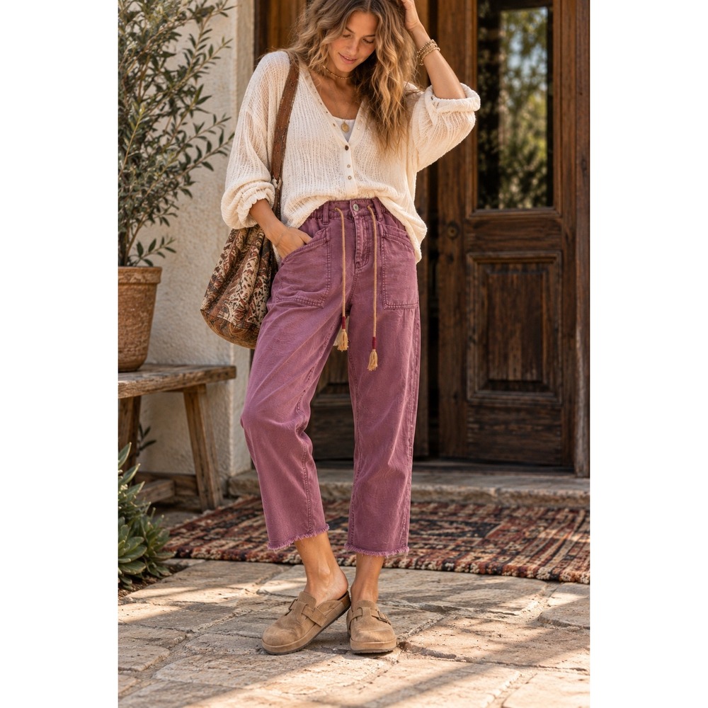 Free People Cropped Utility Pants S Mauve Pink Drawstring Raw Hem Boho